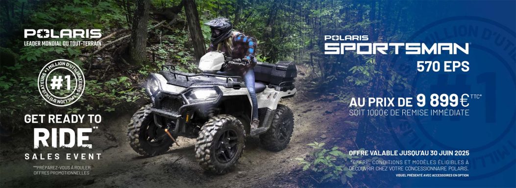 Véhicule tout-terrain Polaris Sportsman 570 EPS sur un sentier en pleine nature.