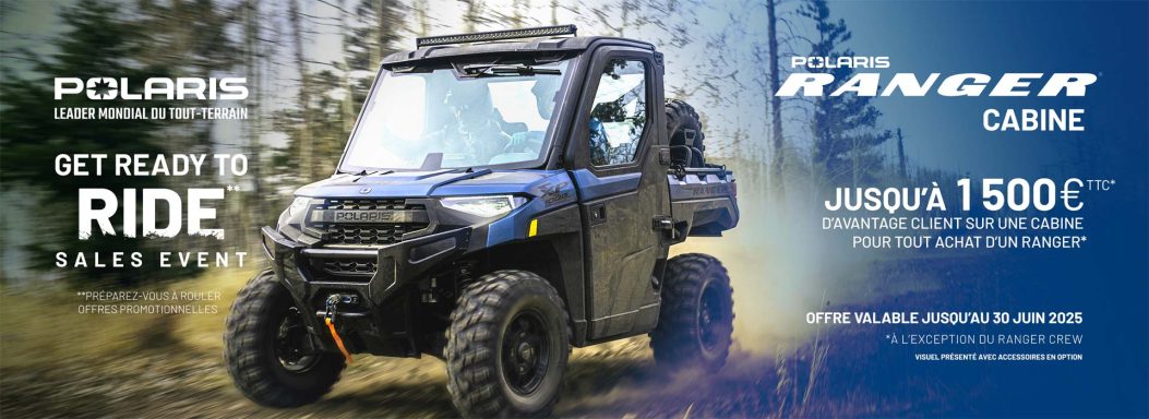 Véhicule tout-terrain Polaris Ranger, idéal pour les aventures en extérieur.